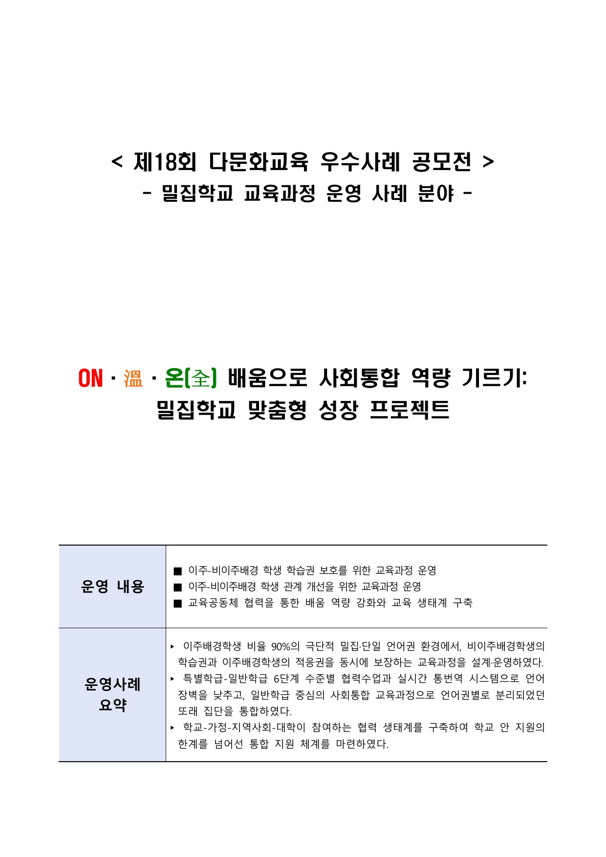 ON·溫·온(全) 배움으로 사회통합 역량 기르기: 밀집학교 맞춤형 성장 프로젝트