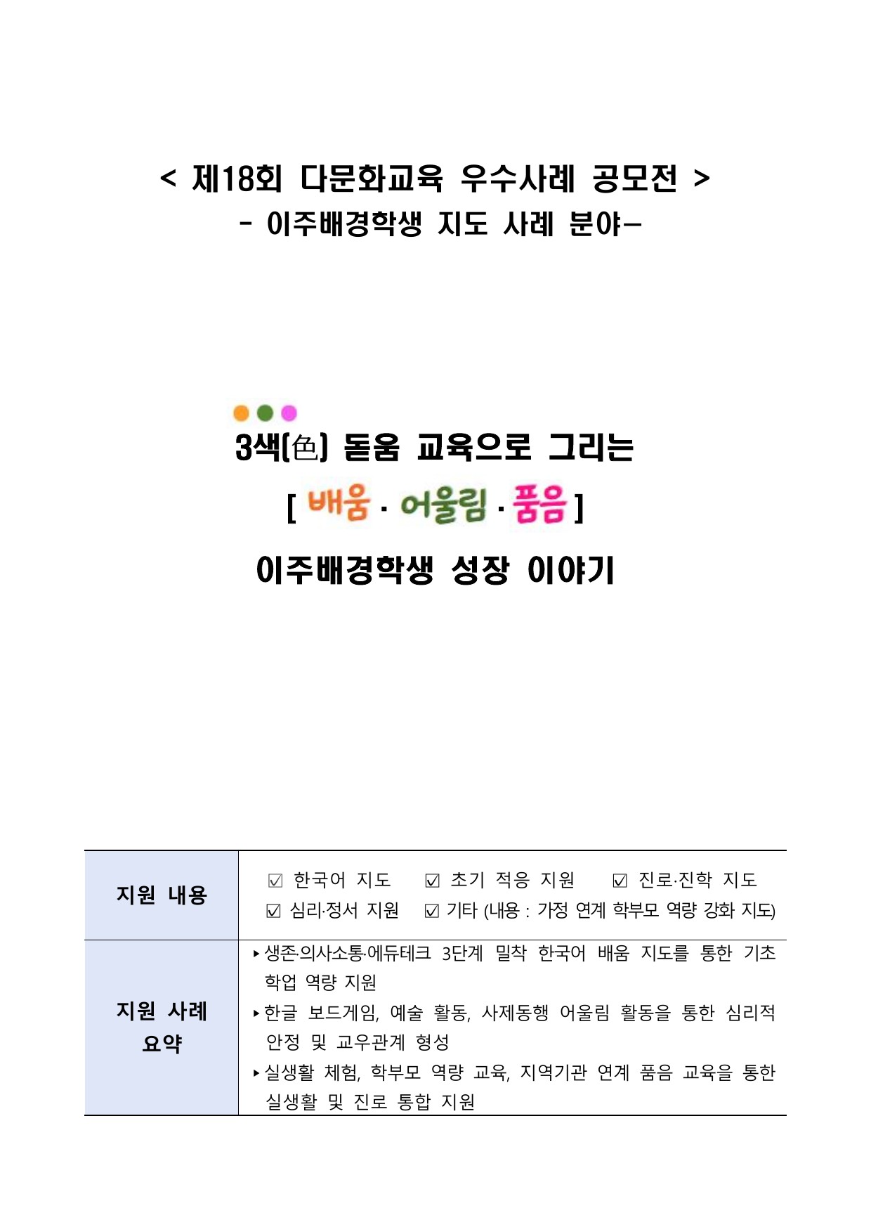 3색(色) 돋움 교육으로 그리는  [배움·어울림·품음]  이주배경학생 성장 이야기
